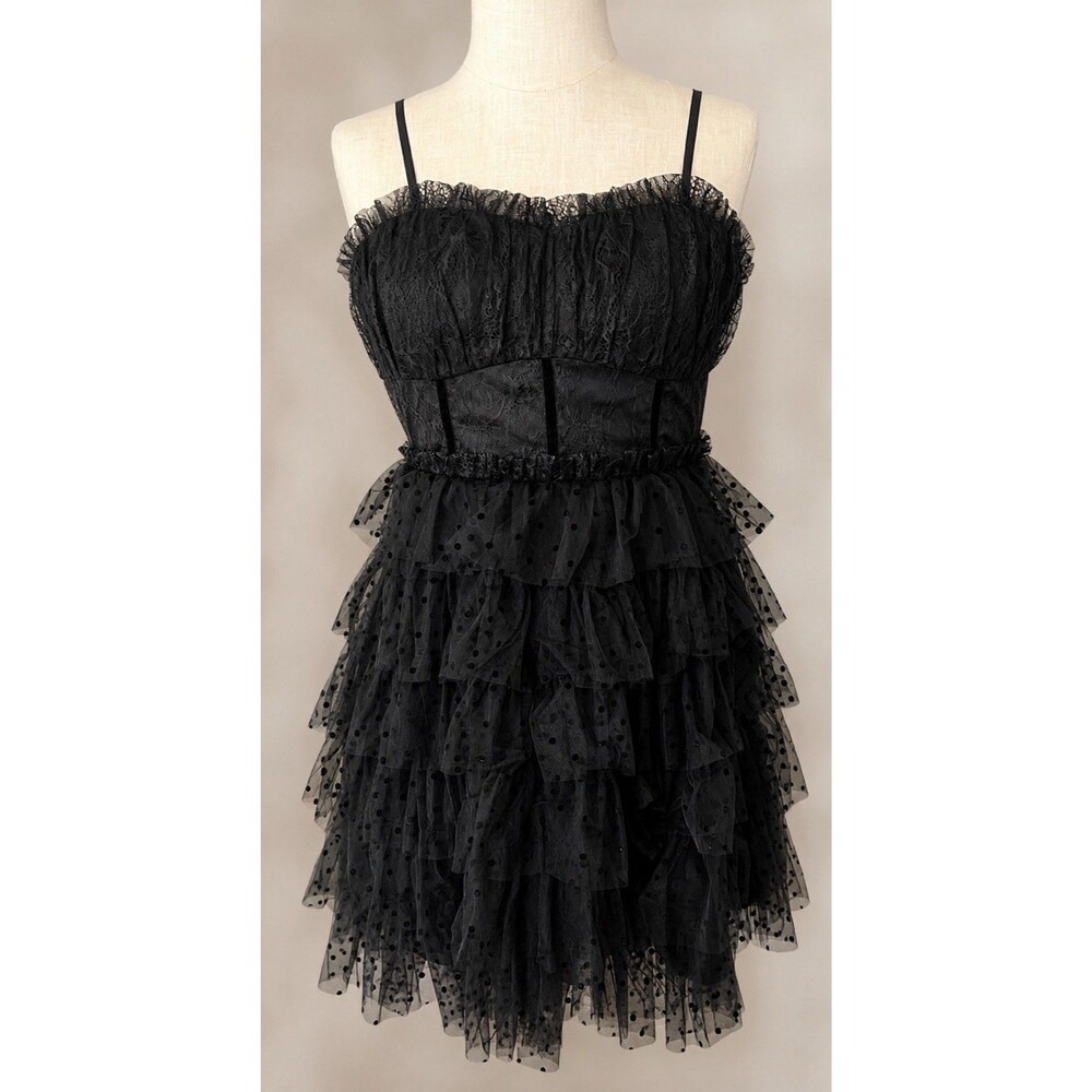 Layered with Love Black Lace Corset Mini Dress Tiered Tulle Swiss Dot Evening S